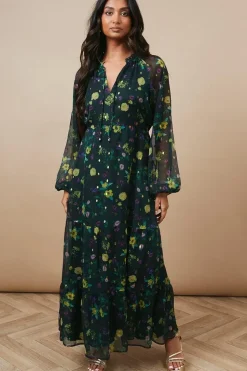 Occasion Floral Metallic Spot Tiered Midaxi Dress