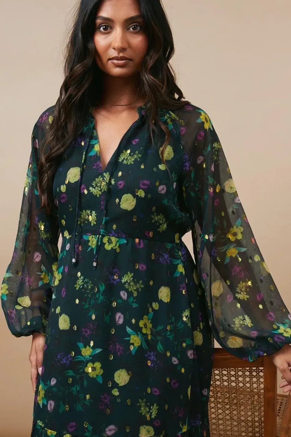Occasion Floral Metallic Spot Tiered Midaxi Dress