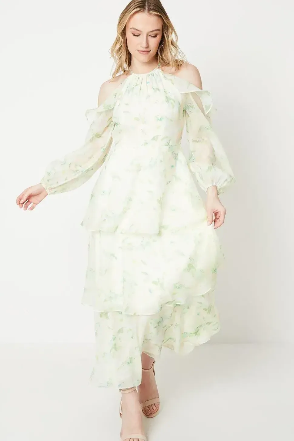 Occasion Floral Organza Cold Shoulder Midi Dress