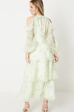 Occasion Floral Organza Cold Shoulder Midi Dress