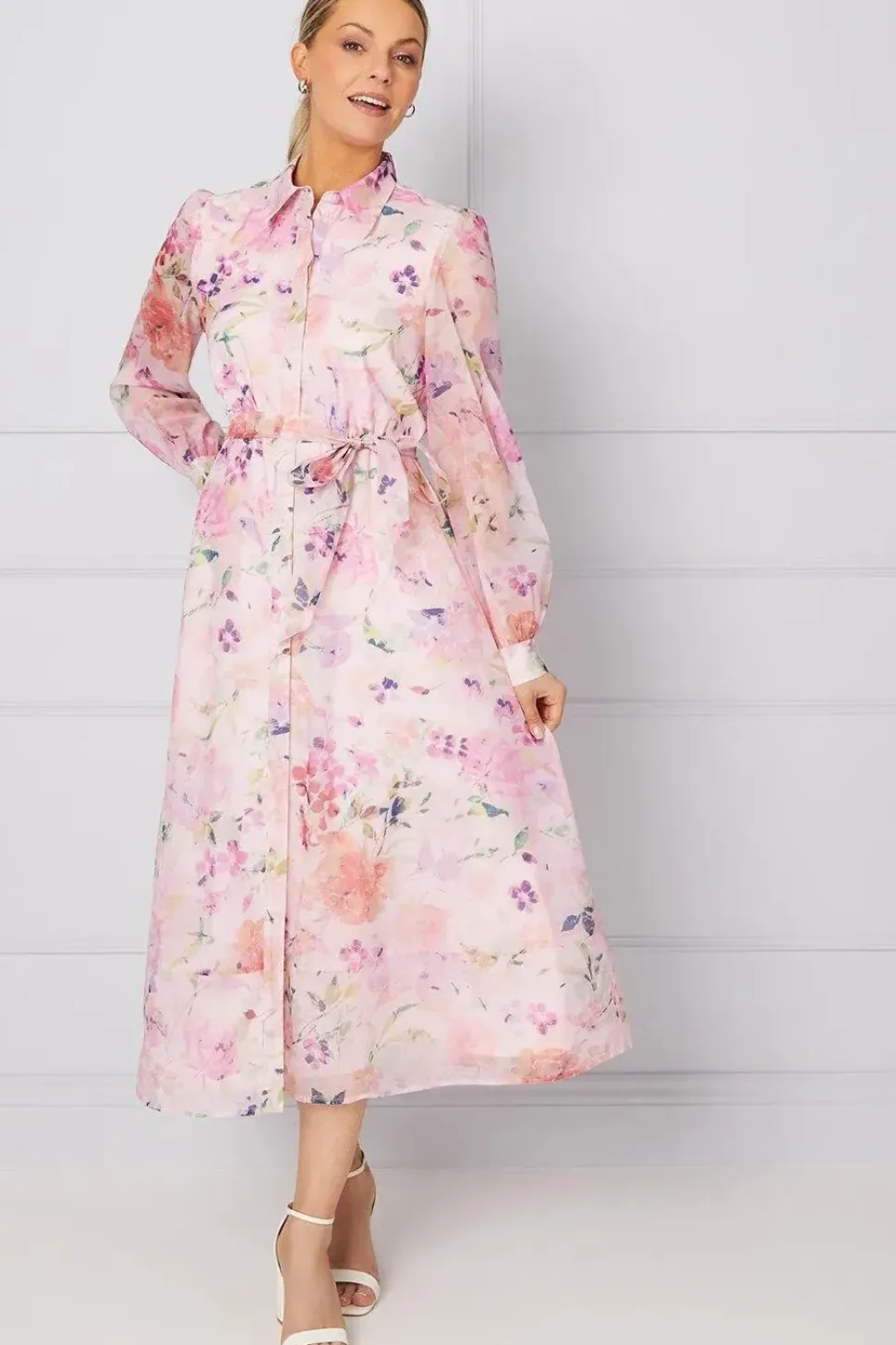 Occasion Floral Organza Shirt Midi Dress