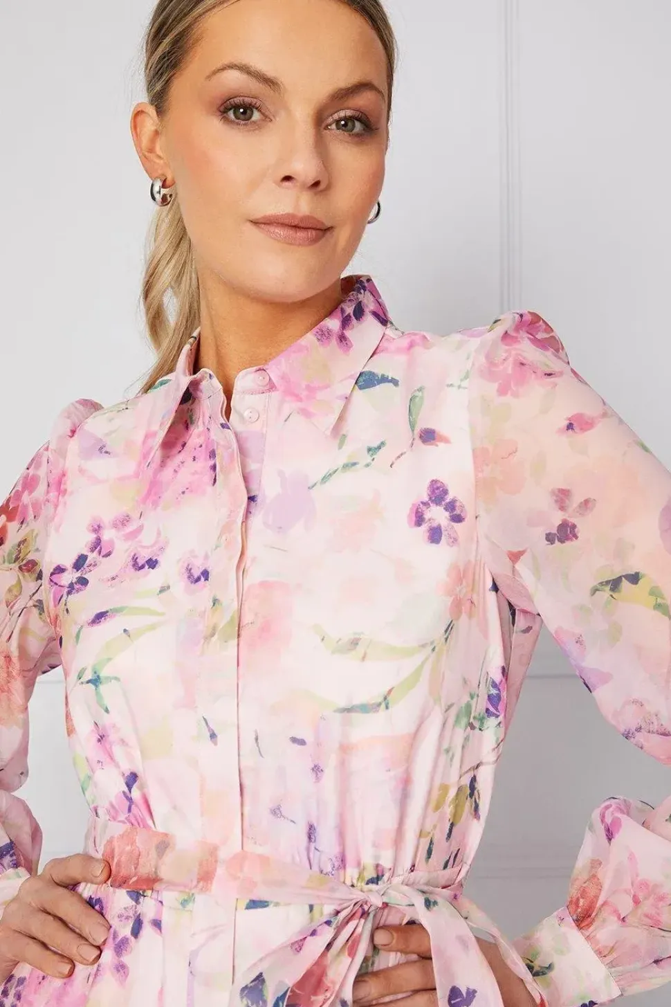 Occasion Floral Organza Shirt Midi Dress