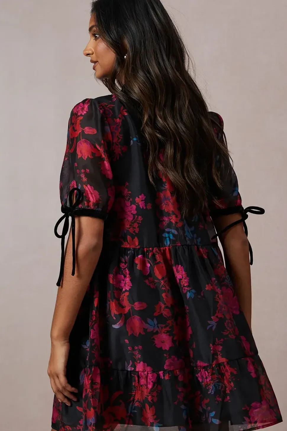 Occasion Floral Organza Velvet Trim Smock Dress