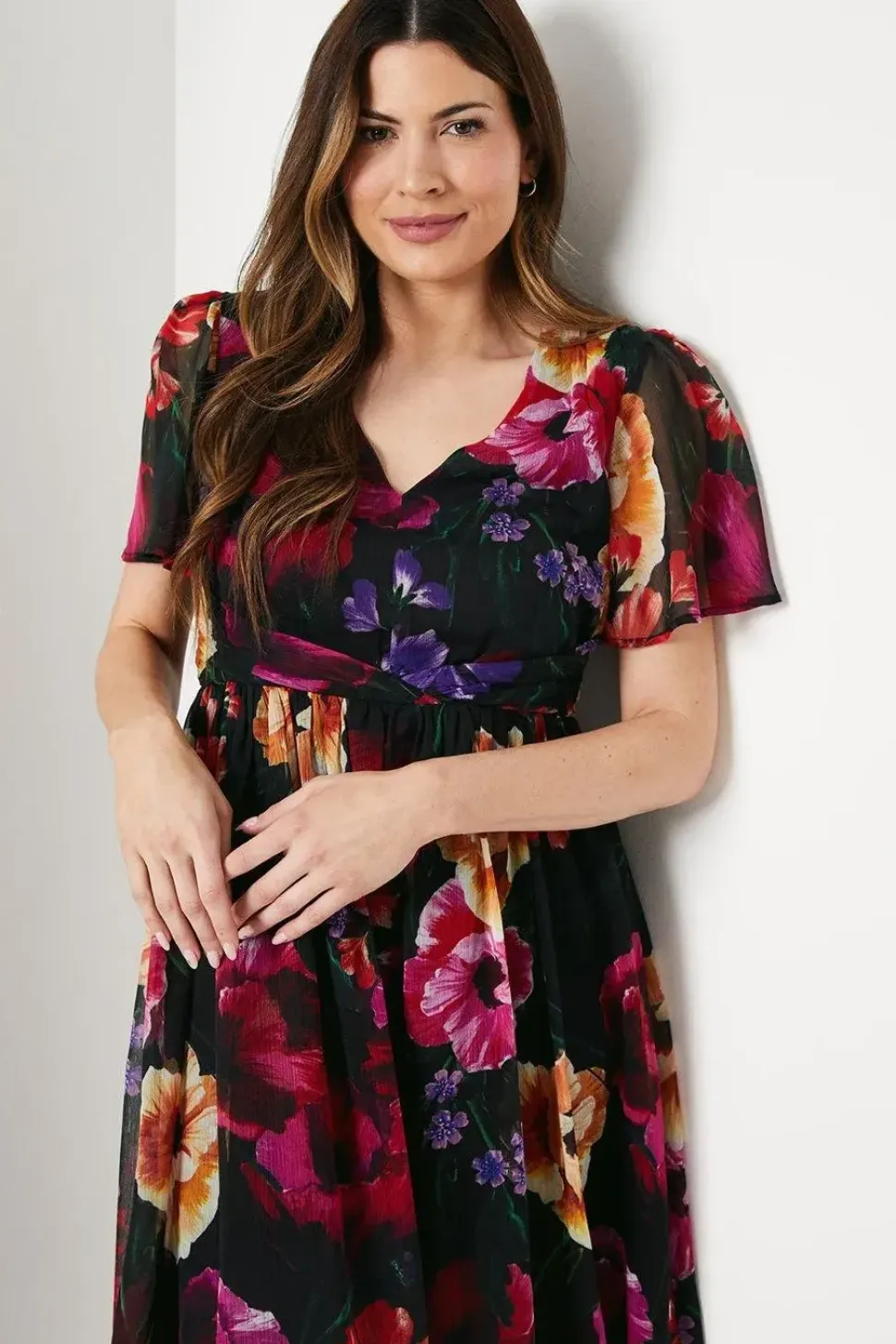 Occasion Floral Pleated Waist Midi Dress