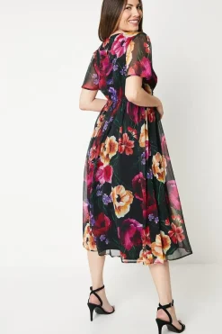Occasion Floral Pleated Waist Midi Dress