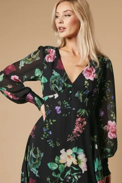 Occasion Floral Printed Button Midi Dress