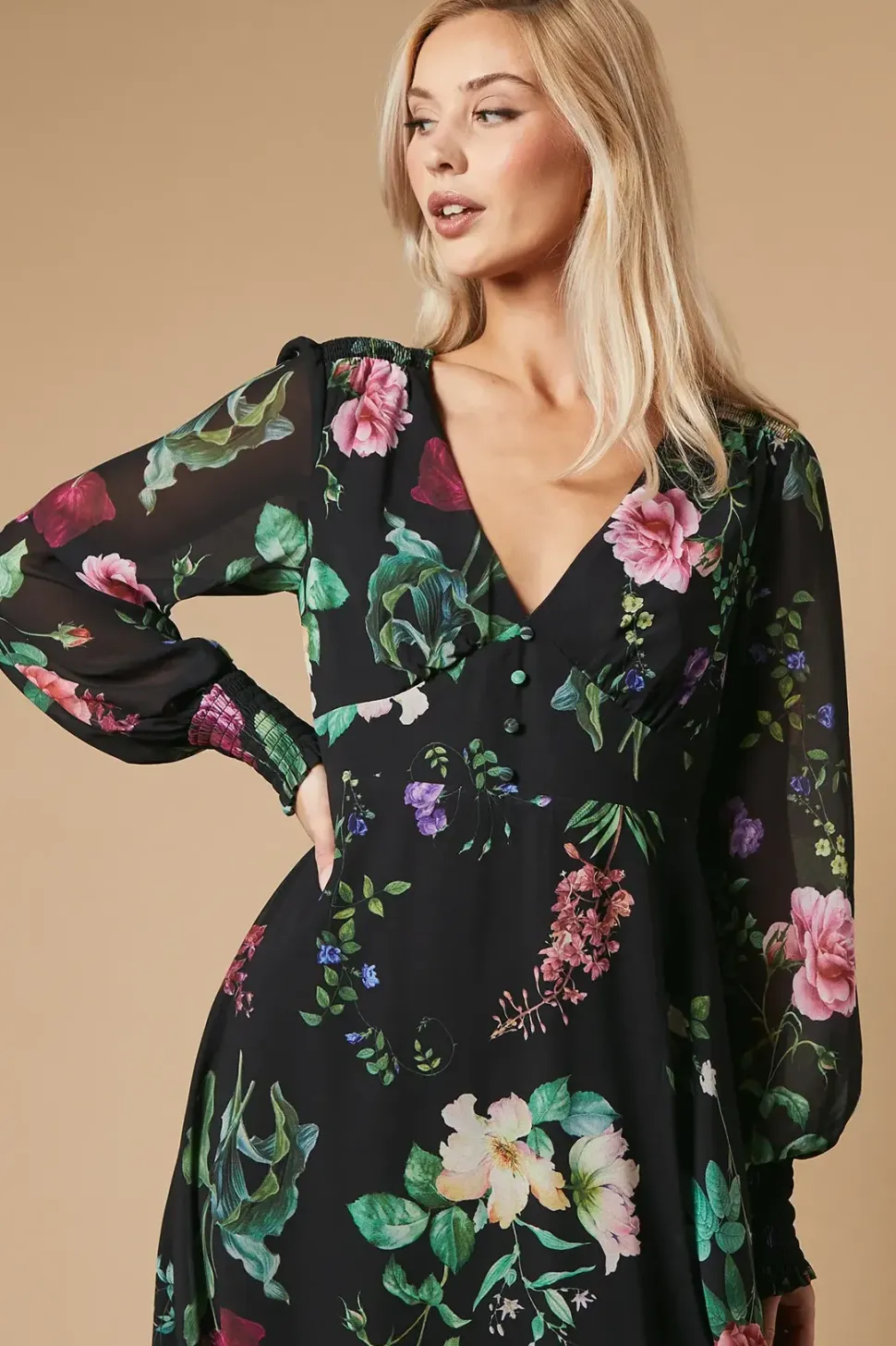 Occasion Floral Printed Button Midi Dress