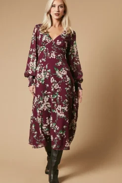 Occasion Floral Printed Button Midi Dress