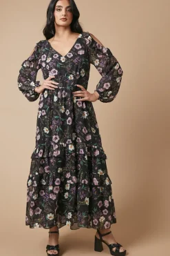 Occasion Floral Printed Metallic Cold Shoulder Midaxi Dress