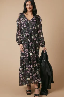 Occasion Floral Printed Metallic Cold Shoulder Midaxi Dress