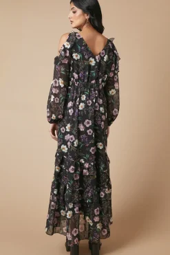 Occasion Floral Printed Metallic Cold Shoulder Midaxi Dress