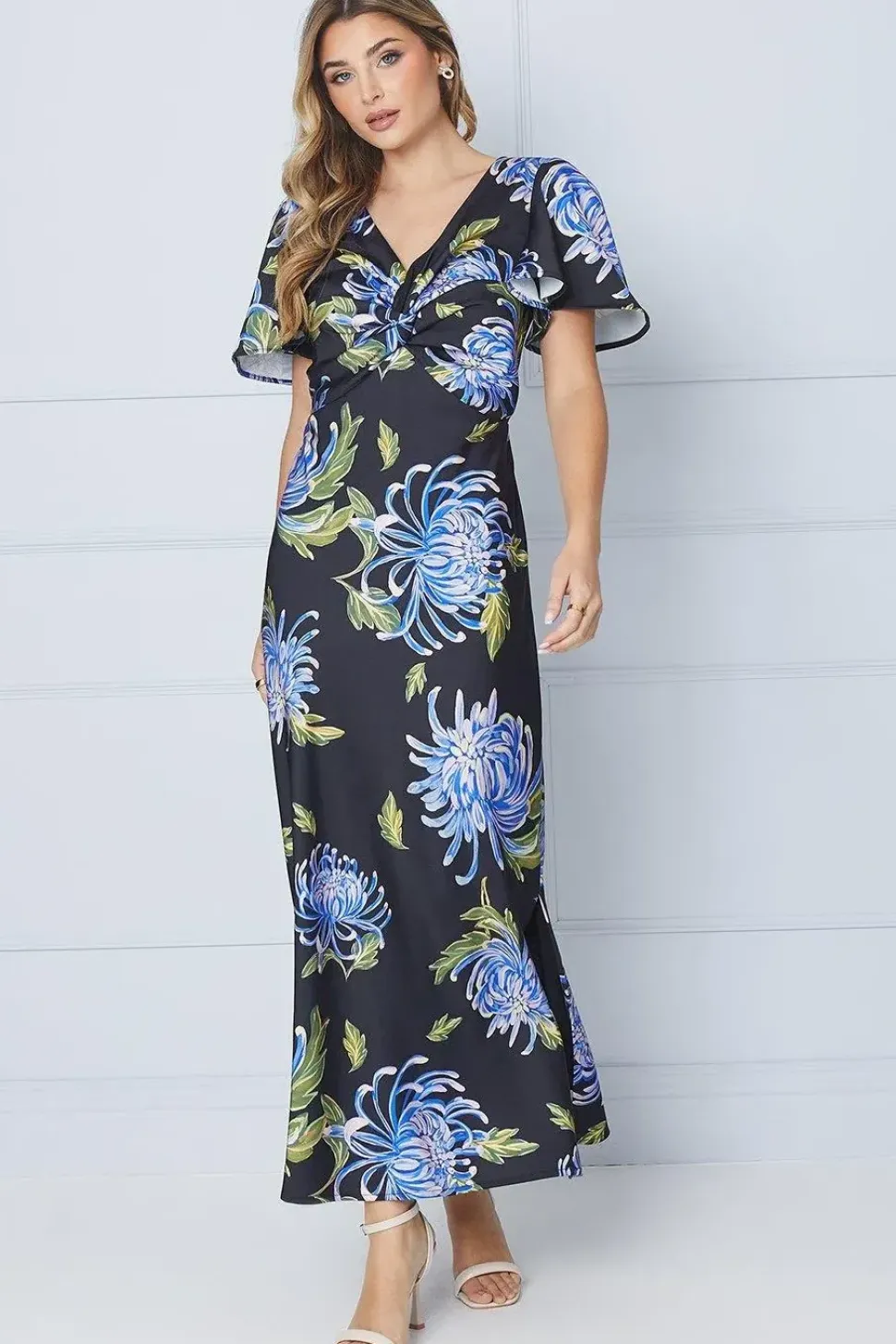 Occasion Floral Satin Twist Angel Sleeve Midi Dress