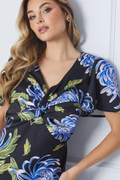 Occasion Floral Satin Twist Angel Sleeve Midi Dress