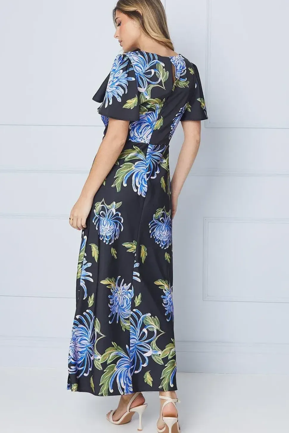Occasion Floral Satin Twist Angel Sleeve Midi Dress