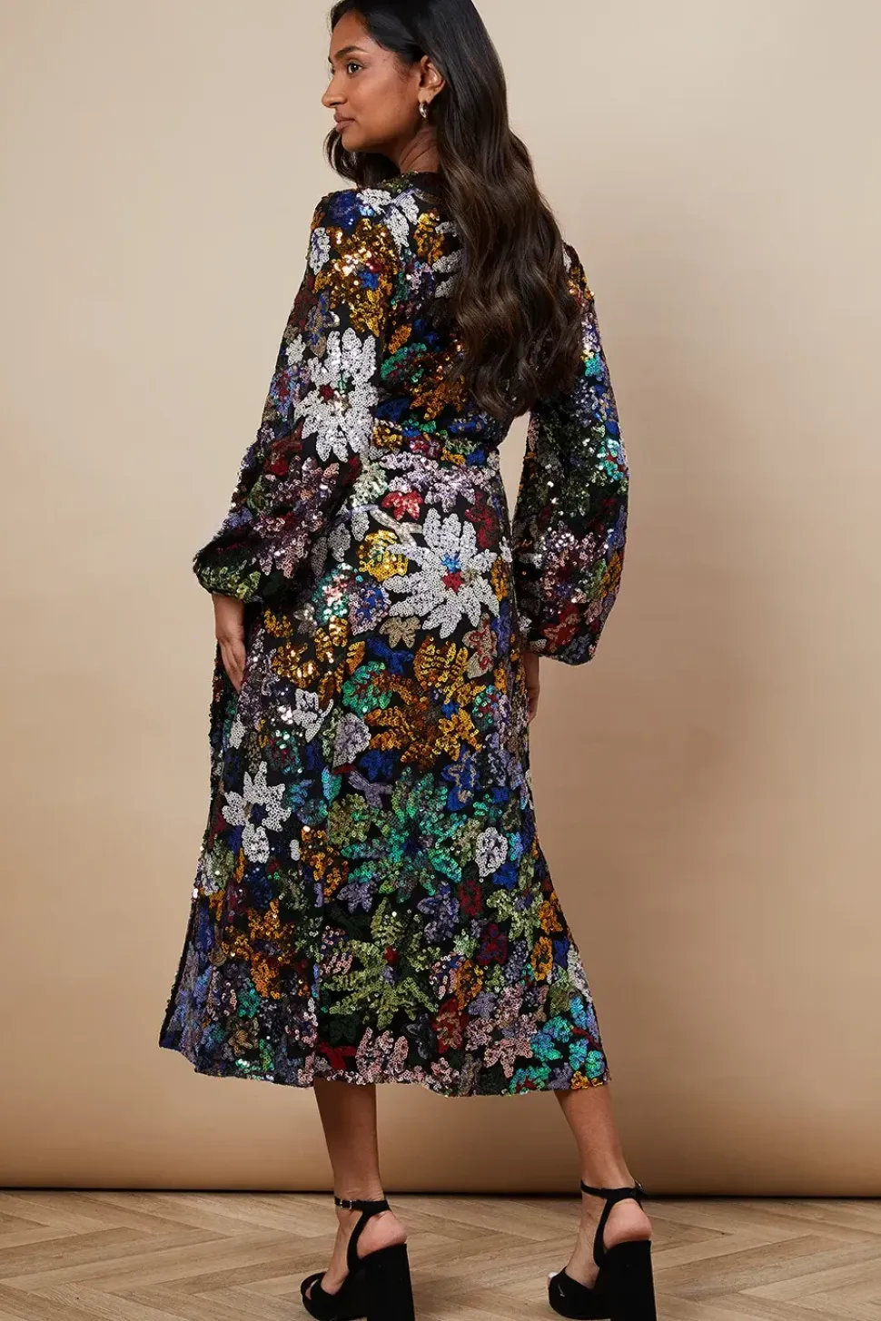 Occasion Floral Sequin Wrap Midi Dress
