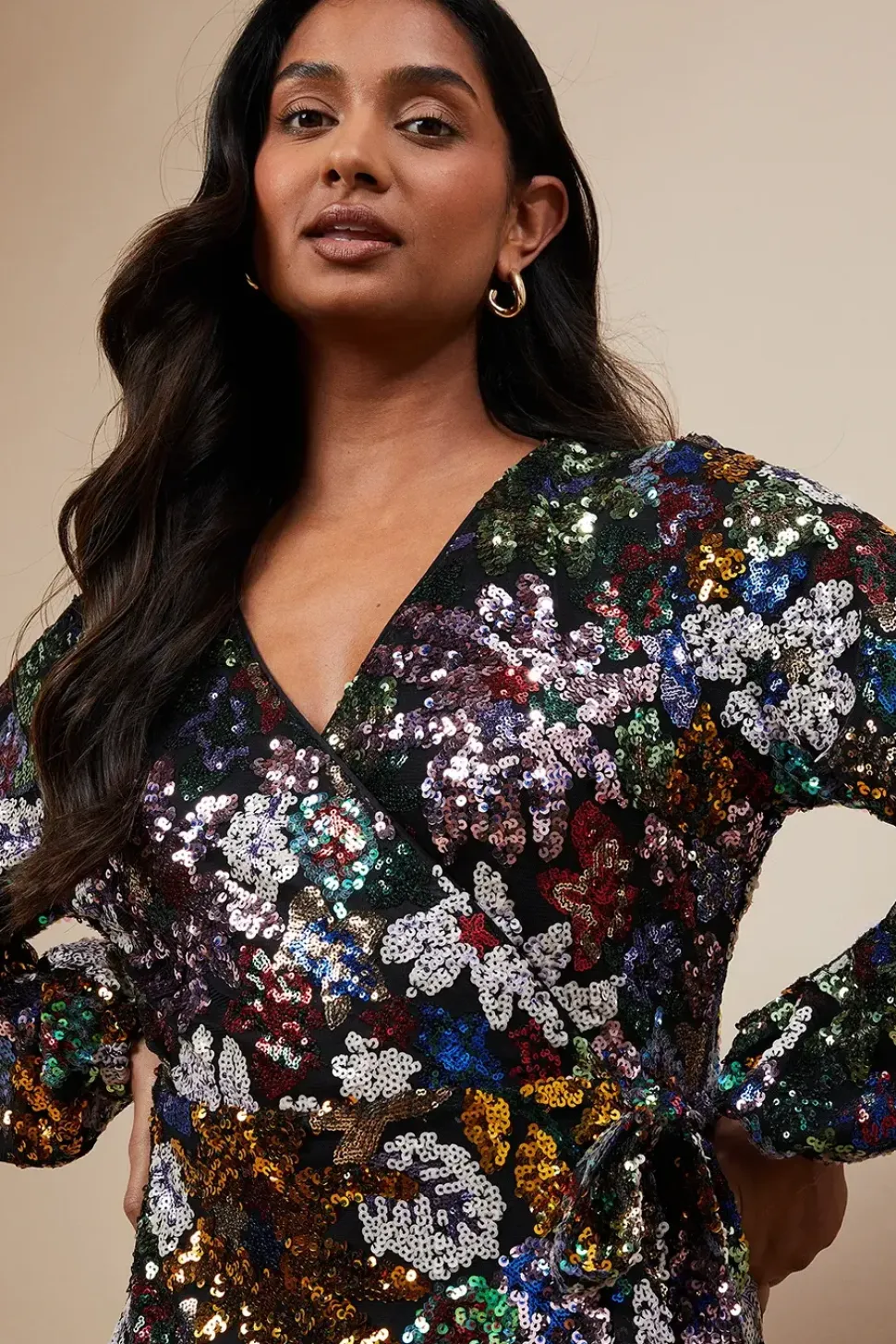 Occasion Floral Sequin Wrap Midi Dress