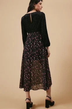 Occasion Floral Spot Bodice Midi Dress
