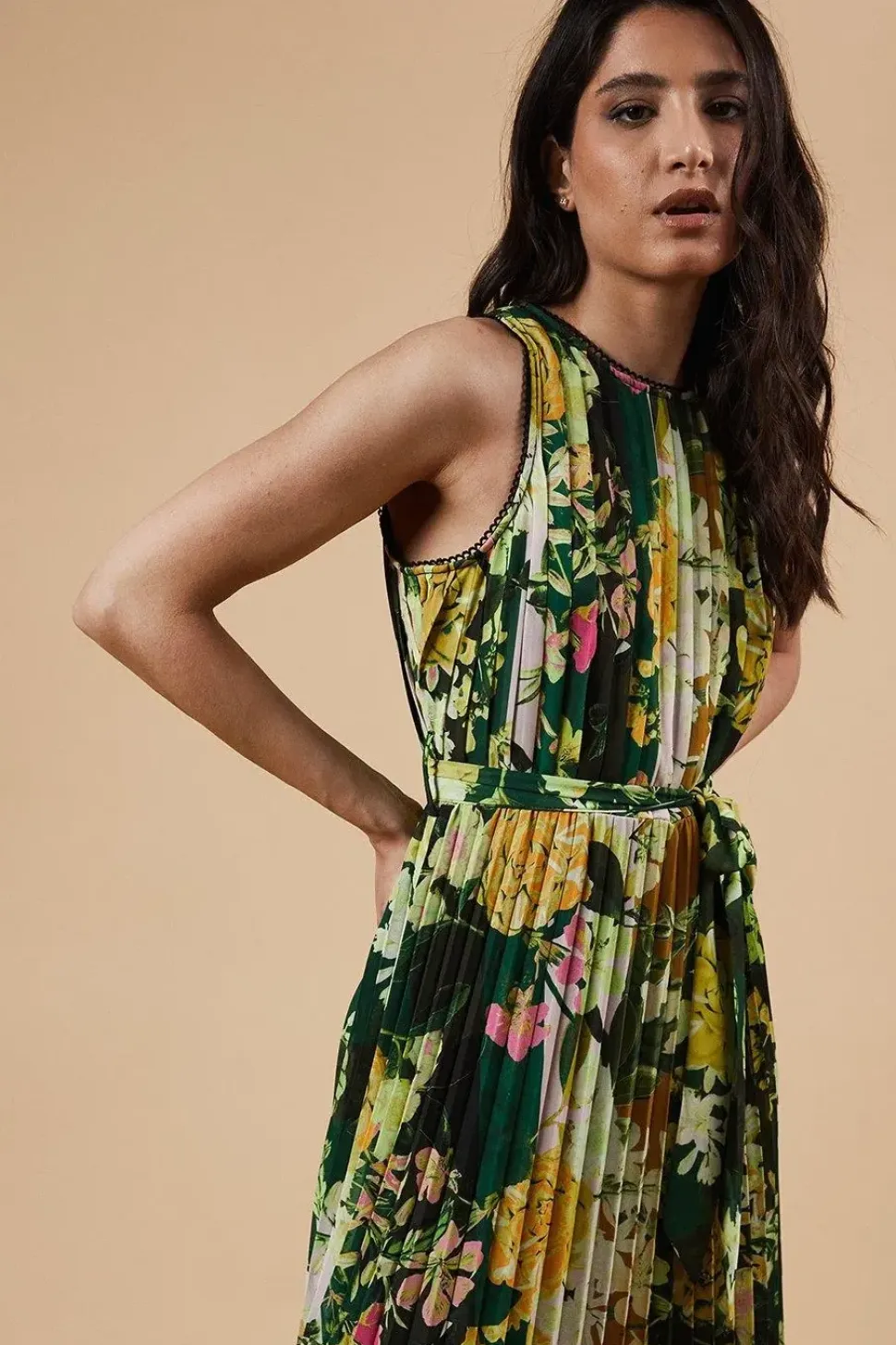 Occasion Floral Stripe Pleated Midi Dress