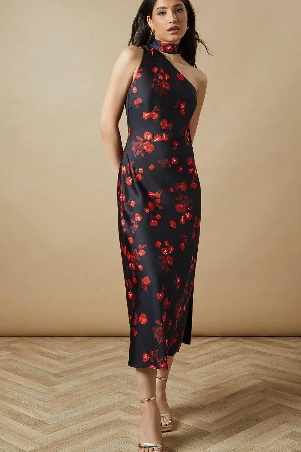 Occasion Floral Tie Neck Bias Maxi Dress