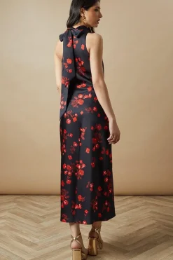 Occasion Floral Tie Neck Bias Maxi Dress