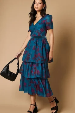Occasion Floral Tiered Velvet Trim Midi Dress