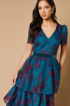 Occasion Floral Tiered Velvet Trim Midi Dress