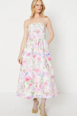 Occasion Floral Twill Strapless Midi Dress