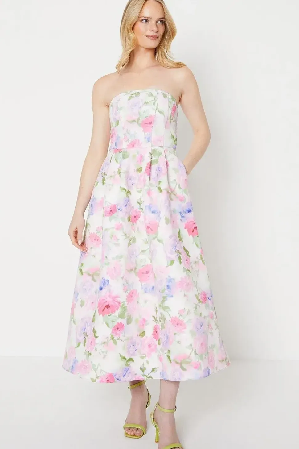Occasion Floral Twill Strapless Midi Dress