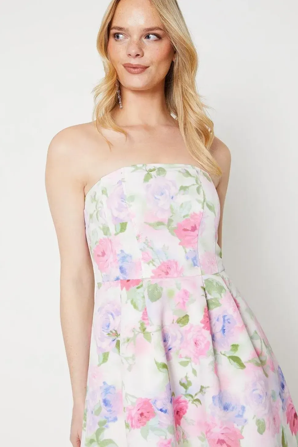 Occasion Floral Twill Strapless Midi Dress