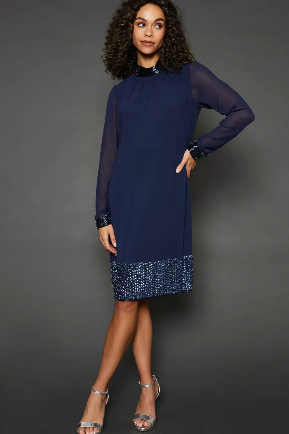 Occasion Hand Embellished Sequin High Neck Shift Dress