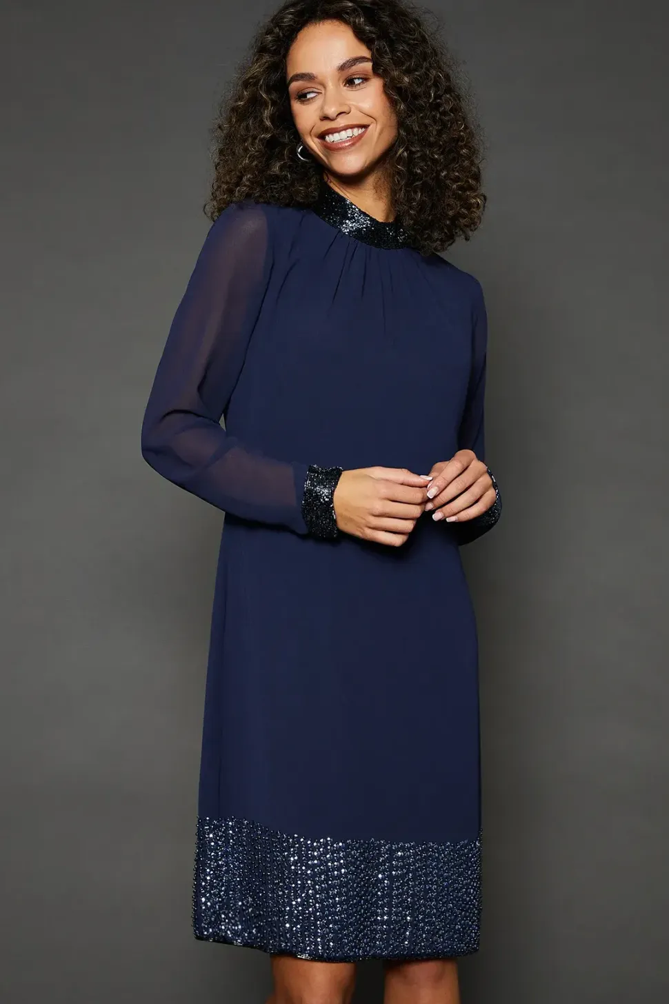 Occasion Hand Embellished Sequin High Neck Shift Dress