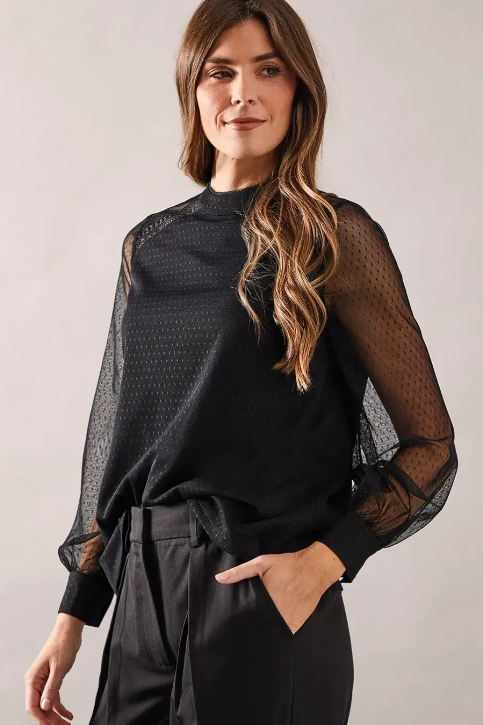 Occasion High Neck Mesh And Lace Trim Blouse