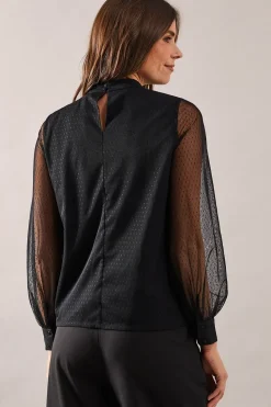 Occasion High Neck Mesh And Lace Trim Blouse