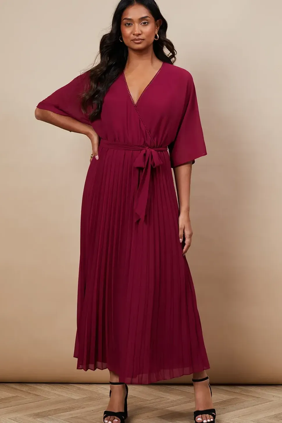 Occasion Kimono Sleeve Pleated Midi Dress
