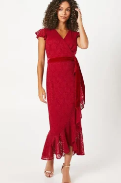 Occasion Lace Ruffle Wrap Velvet Belt Midaxi Dress