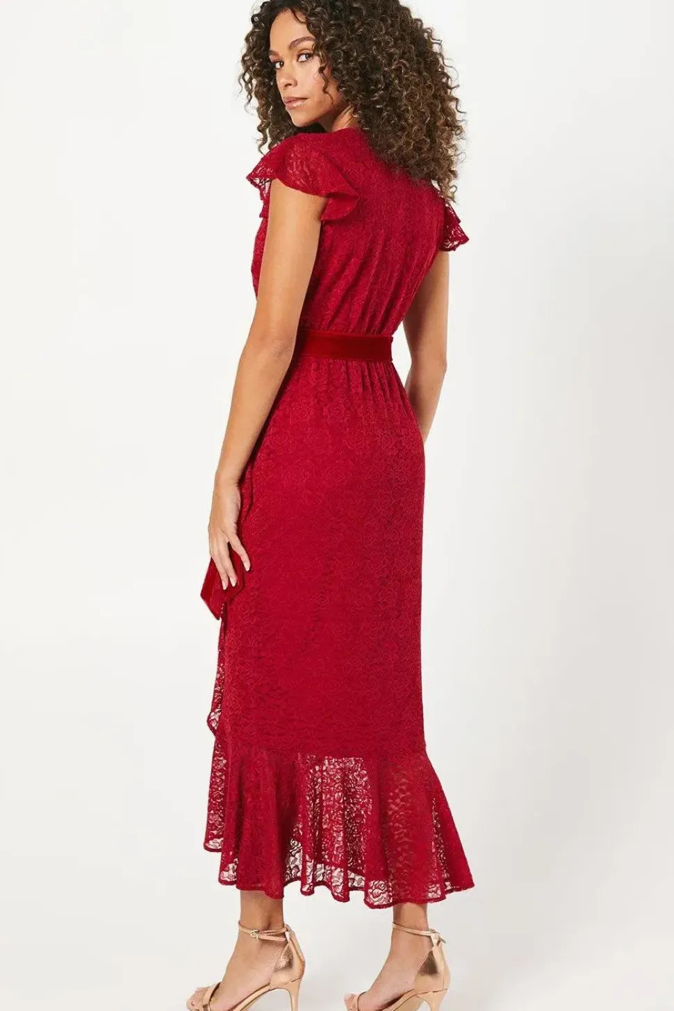 Occasion Lace Ruffle Wrap Velvet Belt Midaxi Dress
