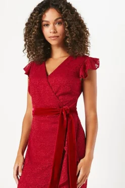 Occasion Lace Ruffle Wrap Velvet Belt Midaxi Dress