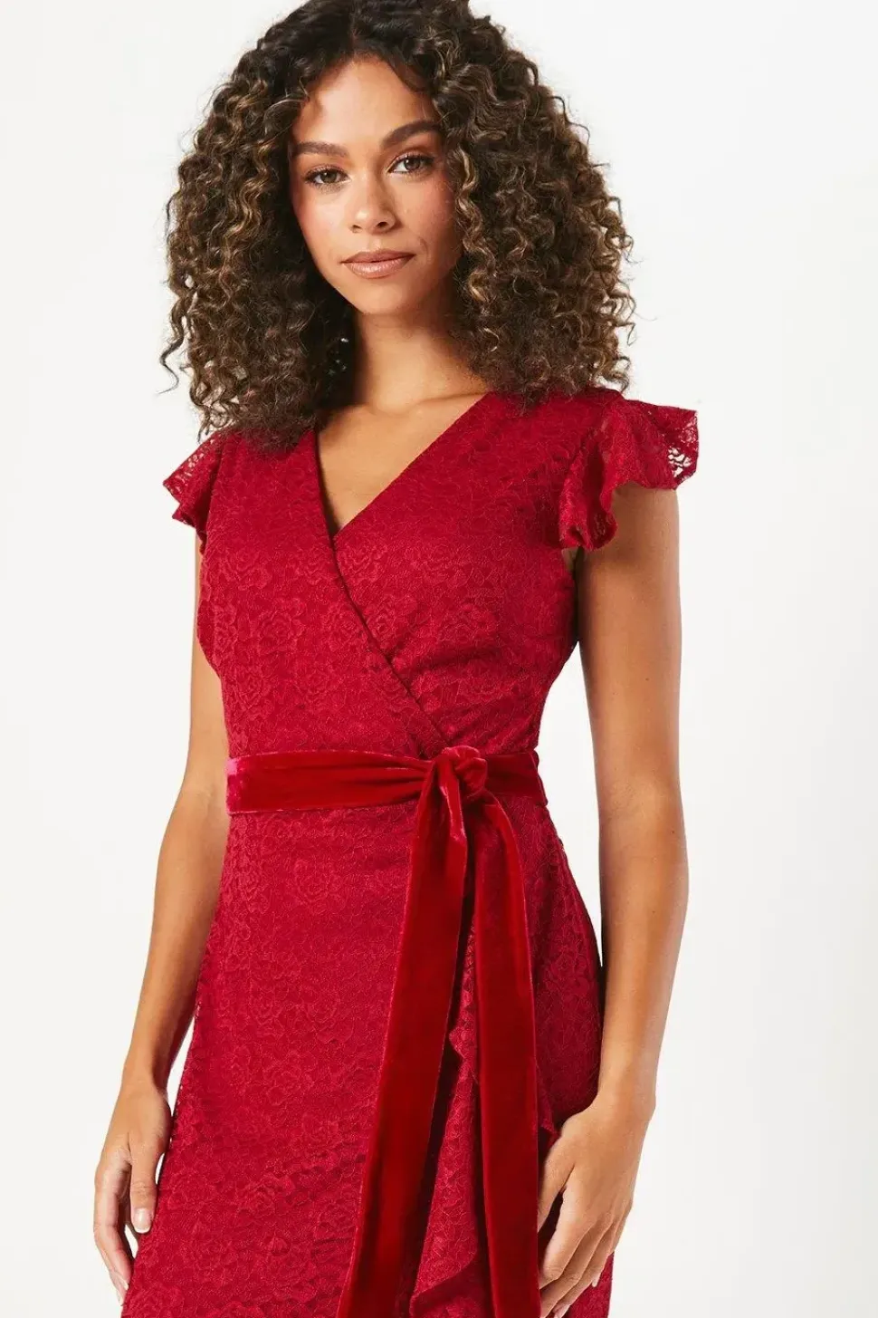 Occasion Lace Ruffle Wrap Velvet Belt Midaxi Dress