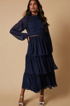 Occasion Lace Trim Dobby Chiffon Tiered Midaxi Dress