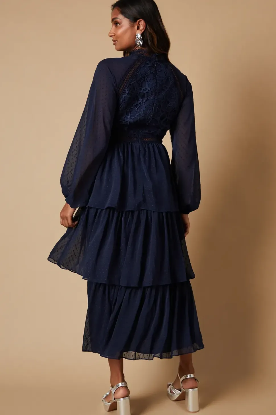 Occasion Lace Trim Dobby Chiffon Tiered Midaxi Dress
