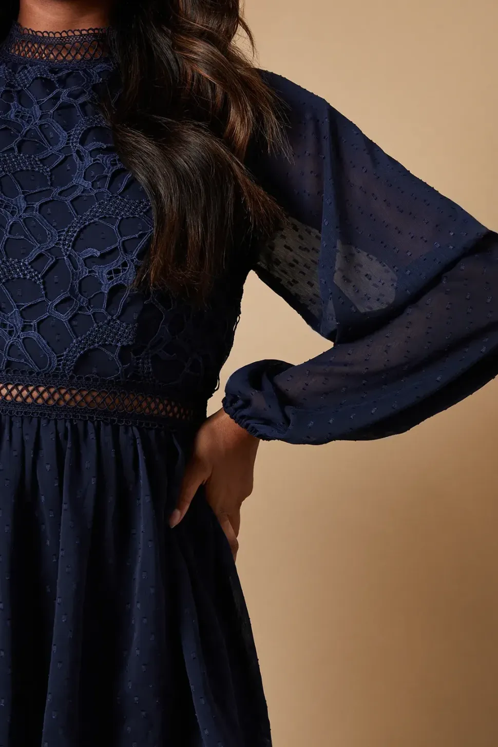 Occasion Lace Trim Dobby Chiffon Tiered Midaxi Dress