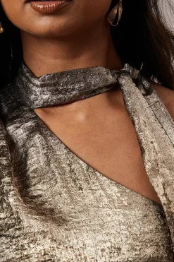 Occasion Metallic Bias Cut Tie Neck Midaxi Dress
