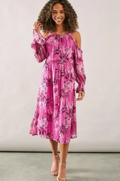 Occasion Metallic Floral Ruffle Midi Dress