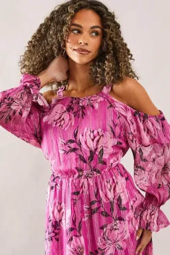 Occasion Metallic Floral Ruffle Midi Dress