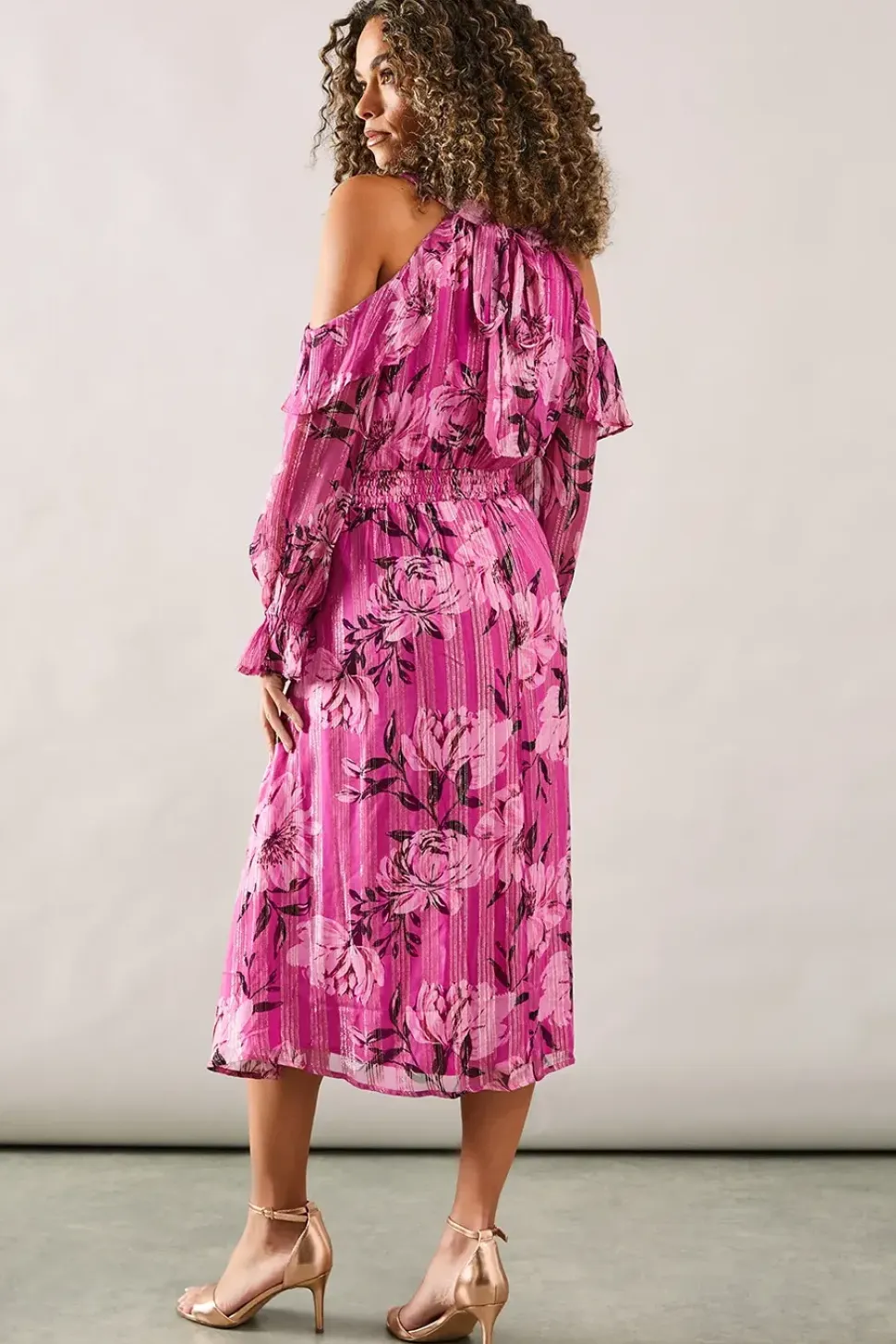 Occasion Metallic Floral Ruffle Midi Dress