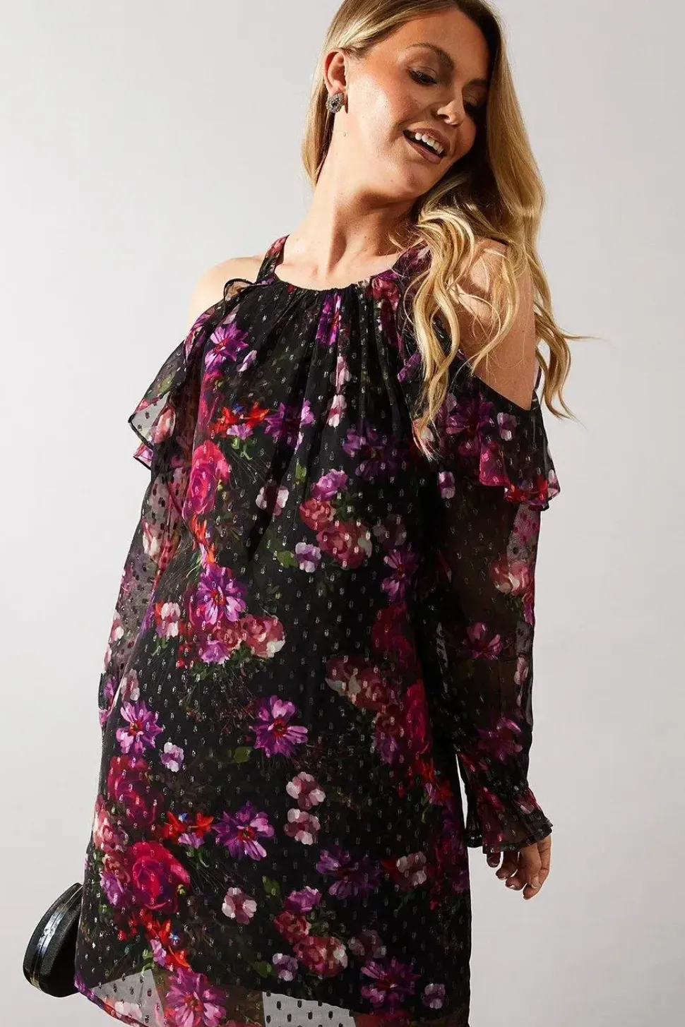Occasion Metallic Floral Ruffle Shift Dress