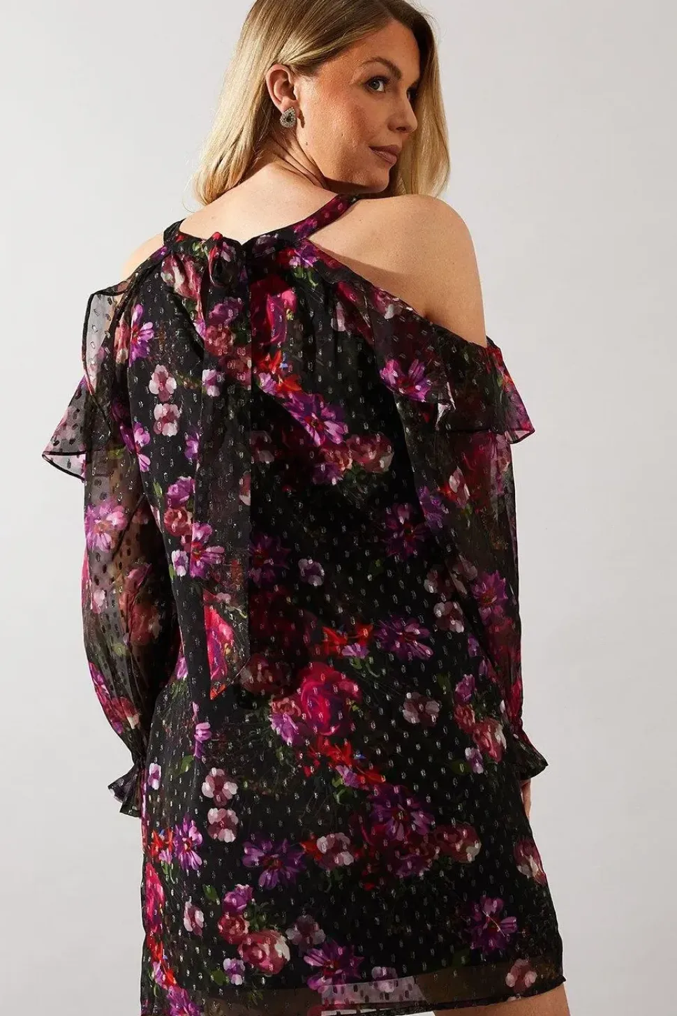 Occasion Metallic Floral Ruffle Shift Dress