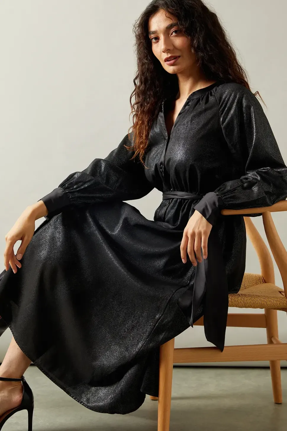 Occasion Metallic Foil Satin Shirt Dress