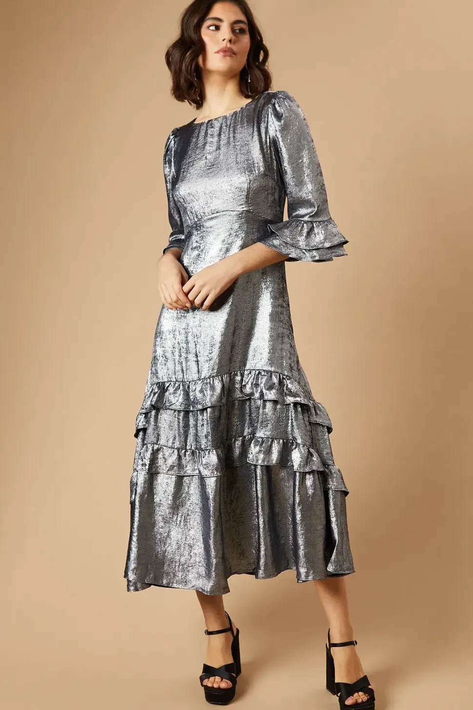 Occasion Metallic Foil Tiered Midaxi Dress