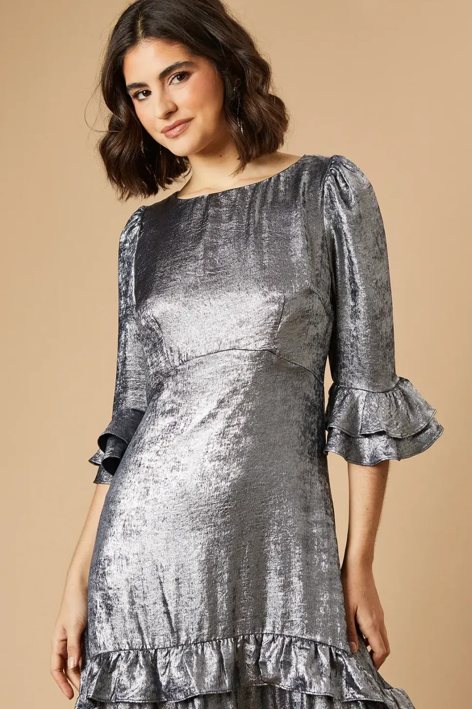 Occasion Metallic Foil Tiered Midaxi Dress